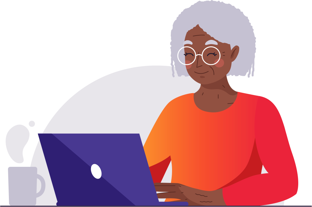 Illustration graphic of senior woman happily using a laptop at a table.