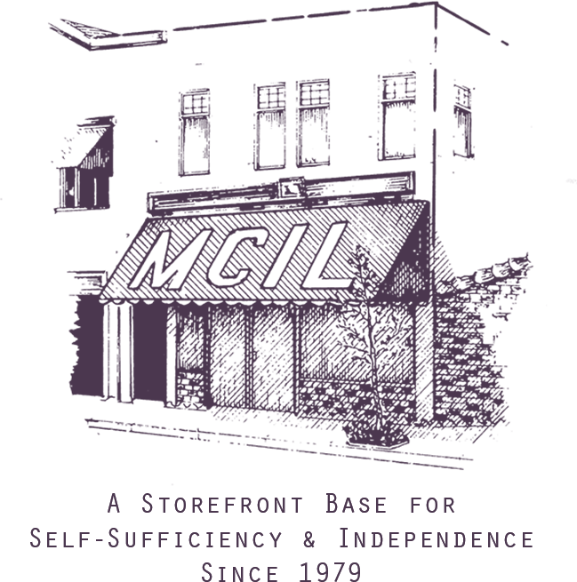 Illustration sketch of Marin CIL with the captions: A Storefront Base for Self-Sufficiency & Independence Since 1979.